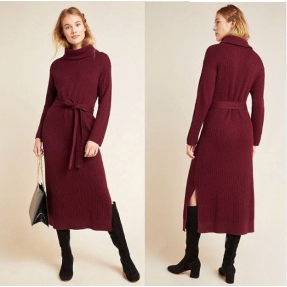 Anthropologie Ribbed Turtleneck Sweater Dress Burgundy Midi Tie Waist Slit